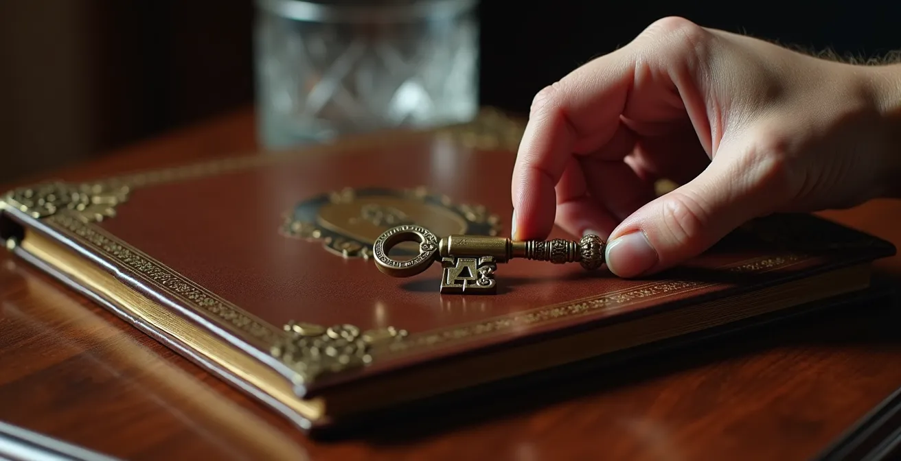 Main tenant une carte de visite artisanale sur fond de carnet d'adresses en cuir