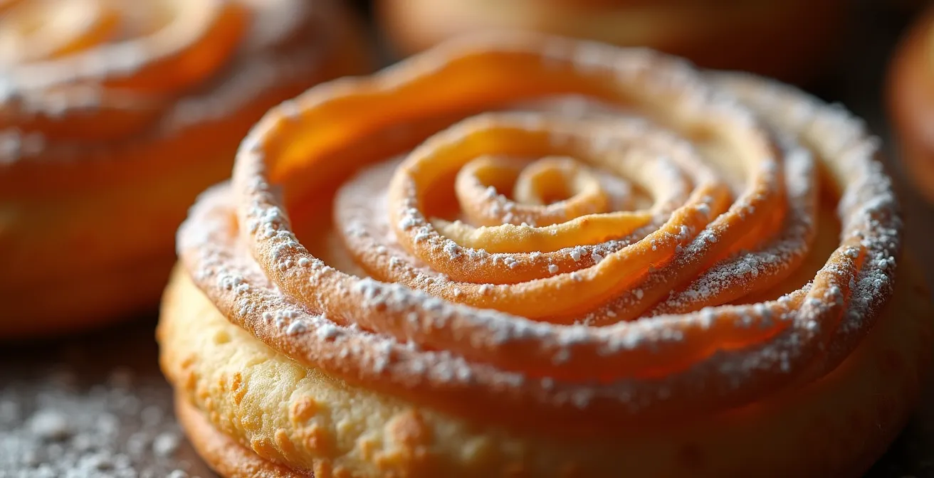 Détail macro d'une ensaimada artisanale avec sa texture spiralée caractéristique