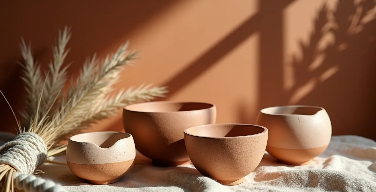 Composition de détails décoratifs bohème-luxe avec céramiques artisanales et tissus naturels