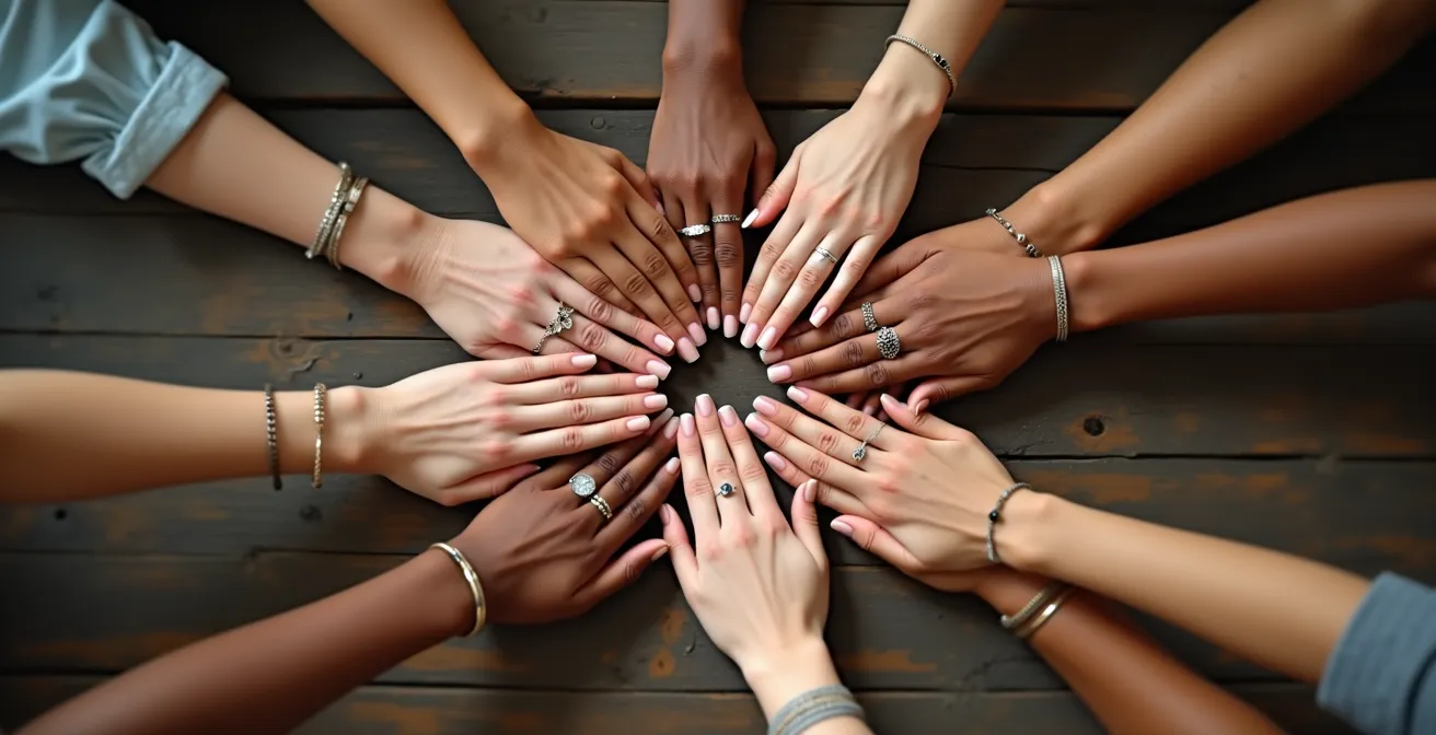 Mains de femmes formant un cercle symbolisant l'unité du groupe EVJF