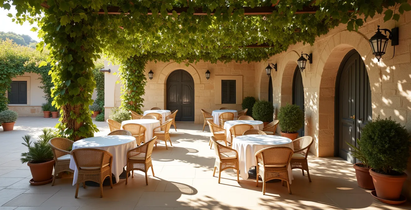 Terrasse ombragée typique de Palma pendant les heures de sieste avec pergola et végétation
